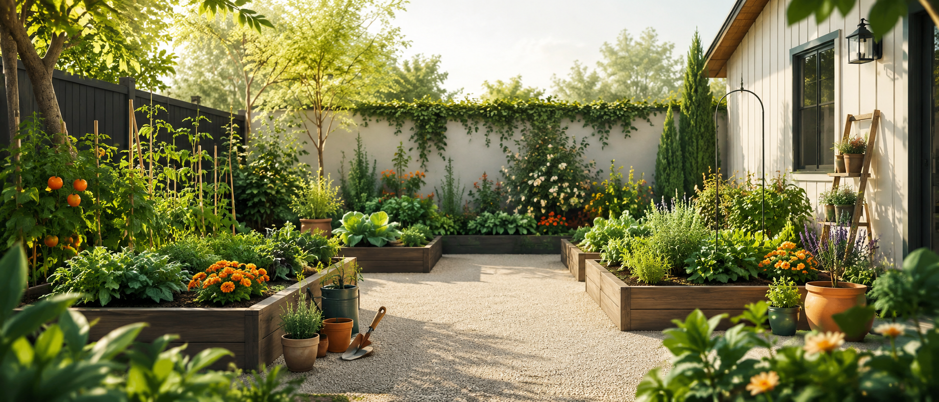 Sunny home vegetable garden with raised beds, herbs, flowers, and a garden shed for Rootly garden planning
